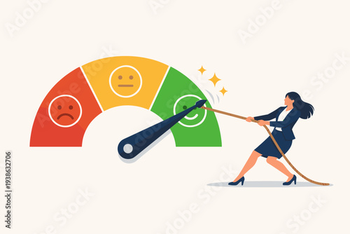 Businesswoman Pulling Gauge Needle to High Satisfaction Level, Concept of Customer Feedback, Performance Rating, Credit Score Measurement, Quality Control, and Business Success Improvement.