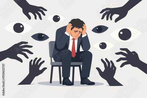 Man in suit feeling overwhelmed by paranoia, fear, and panic from mental health disorder or social anxiety, surrounded by judgmental staring eyes and reaching shadow hands, vector illustration.
