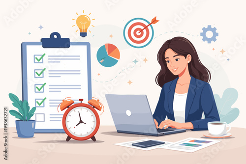 Professional business woman working on laptop for project management and productivity, time management concept with checklist, alarm clock, target goal, and creative ideas for office workflow.