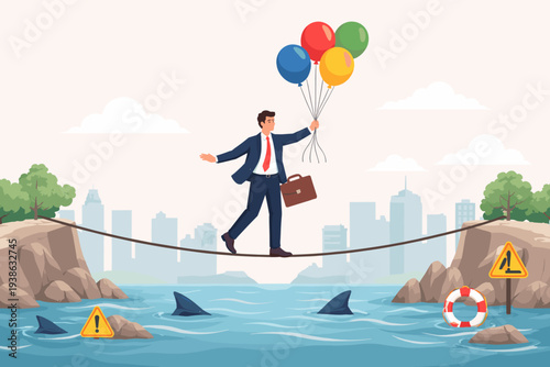 Businessman walking on a tightrope over shark infested water holding balloons and briefcase, concept of risk management, business challenge, crisis control, and survival in uncertain economy.