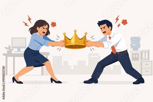 Angry Business Man and Woman Colleagues Fighting for a Golden Crown in Office, Concept of Staff Conflict, Employee Argument, Job Promotion Rivalry, Jealousy, Ambition and Corporate Power Struggle