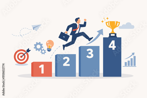 Businessman Jumping Up Numbered Steps Towards a Gold Trophy, Concept of Business Success, Career Growth, Goal Achievement, Step by Step Progress, Strategic Planning and Professional Development