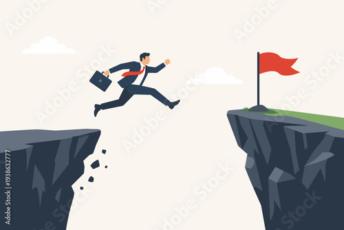 Ambitious Businessman Jumping Across Chasm to Reach Goal Flag, Concept of Taking Risks for Success, Overcoming Challenges, Courage, Determination and Professional Growth Vector Illustration