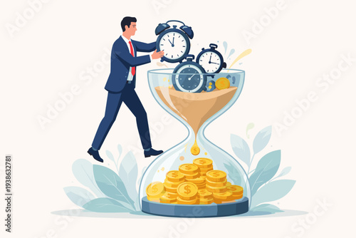 Smart businessman putting clocks into an hourglass turning time into gold coins, time is money concept for long term investment, retirement savings, pension fund, wealth and financial planning.