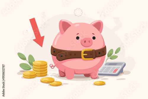 Cute pink piggy bank with a tightened belt symbolizing budget cuts, financial crisis, and economic slowdown. Illustration of saving money, reducing expenses, and managing debt during inflation.