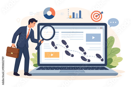 Businessman analyzing digital footprints on a laptop screen with a magnifying glass. Concept of website visitor tracking, user behavior analysis, data analytics, SEO, and marketing optimization.