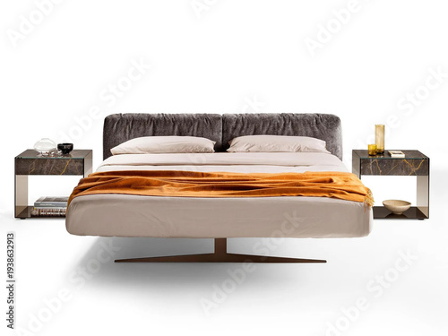 Classic double bed with big headboard isolated on white