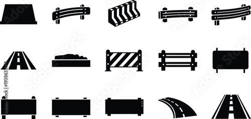 Road construction barrier icons set for traffic safety control and infrastructure elements