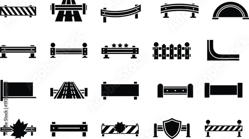 Highway guardrail and road safety barrier icons collection for traffic protection systems