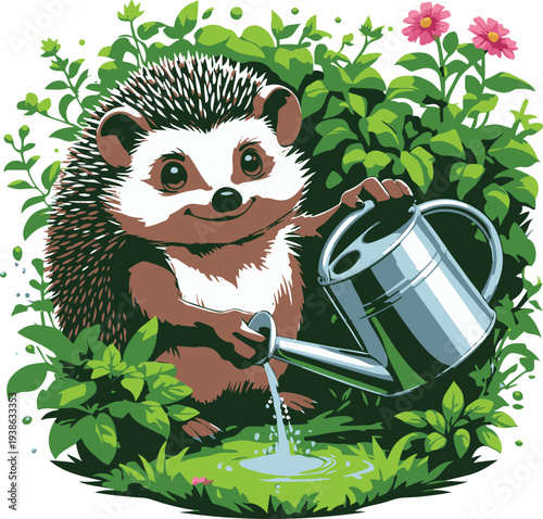  Hedgehog gardener watering plants with watering can, top-down garden view, bold thick black clean outline, vector sticker style, white background 1