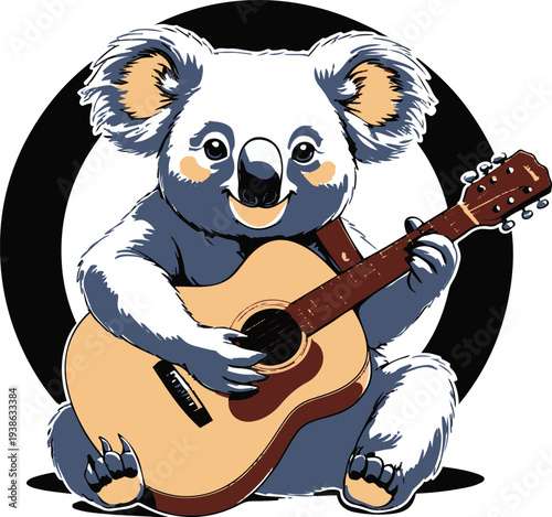  Koala musician playing acoustic guitar, sitting front view, bold thick black clean outline, vector sticker style, white background 1