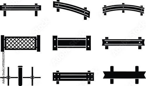 Highway guardrail and safety barrier silhouette icons set for traffic protection design