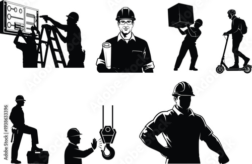 Silhouette illustrations of construction workers engaging in various tasks and activities