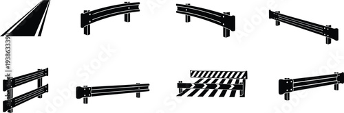 Black and white roadway guardrail barrier icons collection for infrastructure safety