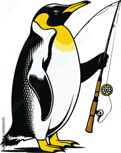 Penguin holding fishing rod proudly like fisherman, side profile view, bold thick black clean outline, minimal vector sticker style, white background