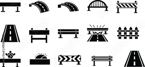 Road construction barrier and signage icons set for traffic management safety systems