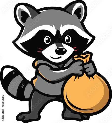  Raccoon thief holding treasure bag sneakily, cartoon vector mascot, bold thick black outline, minimal vector sticker, white background