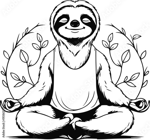 Sloth yoga trainer meditating peacefully, symmetrical front view, bold thick black clean outline, minimal vector sticker style, white background 1