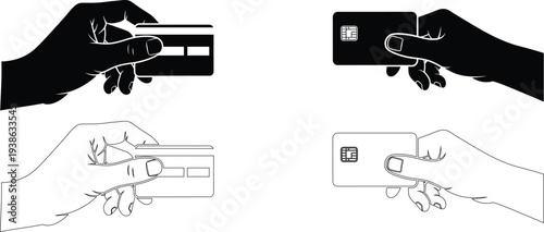 A black and white image depicting hands interacting with a credit card and an atm or card reader machine