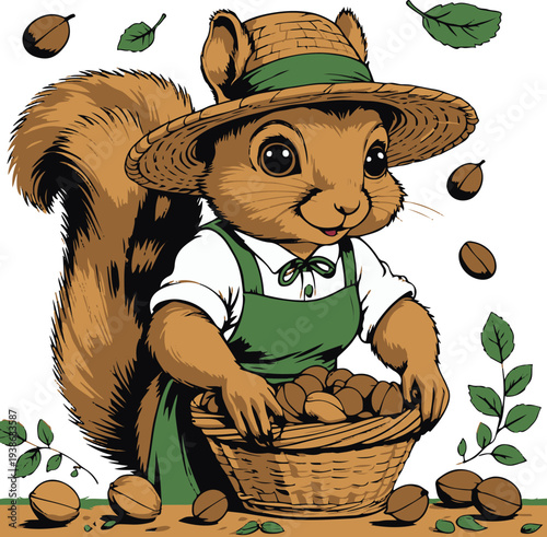 Squirrel farmer collecting nuts into basket, side harvesting view, bold thick black clean outline, vector sticker style, white background 3