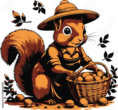 Squirrel farmer collecting nuts into basket, side harvesting view, bold thick black clean outline, vector sticker style, white background 2