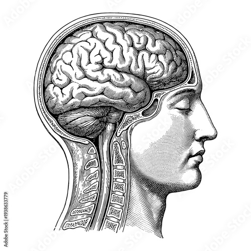 Human brain and head anatomy profile in vintage engraving style