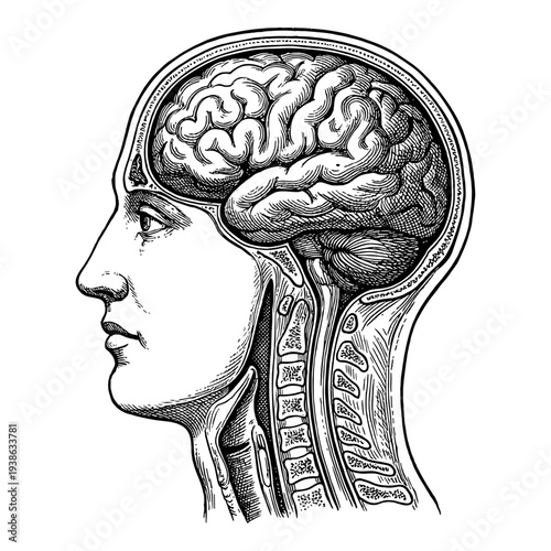 Human brain and head anatomy profile in vintage engraving style
