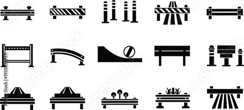Black silhouette barrier fence and traffic cone icons for urban safety elements