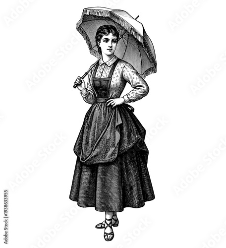 Woman with fringed parasol in vintage engraving style