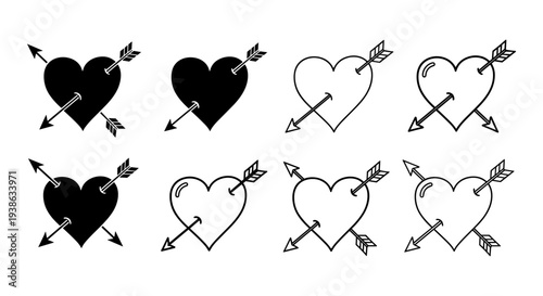 Set of 8 Black and White Heart with Arrow Icons Vector