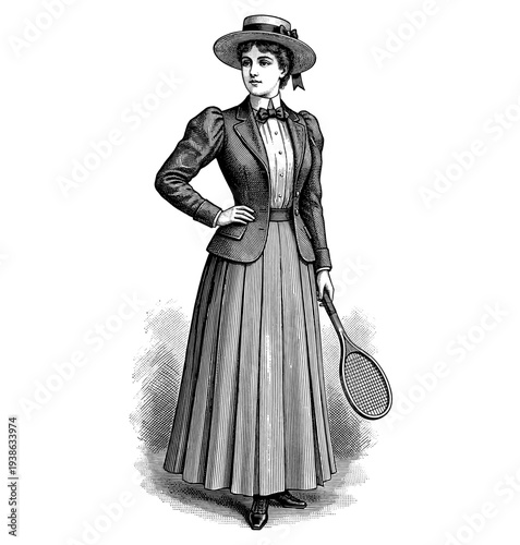 Victorian woman tennis player in vintage engraving style