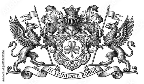 Heraldic coat of arms with griffin and cloverleaf engraving