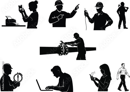 Silhouette of various people engaging in different activities with technology