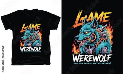 Werewolf cyborg illustration with flames, fearsome creature, vector art