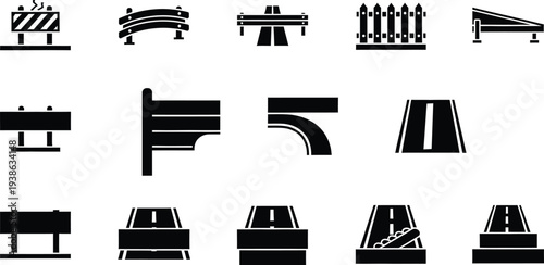 Road construction symbol vector icons with barriers fences roads and traffic signs