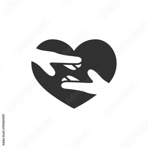 Hands reaching in heart icon. Help, support and care concept. Monochrome black and white symbol