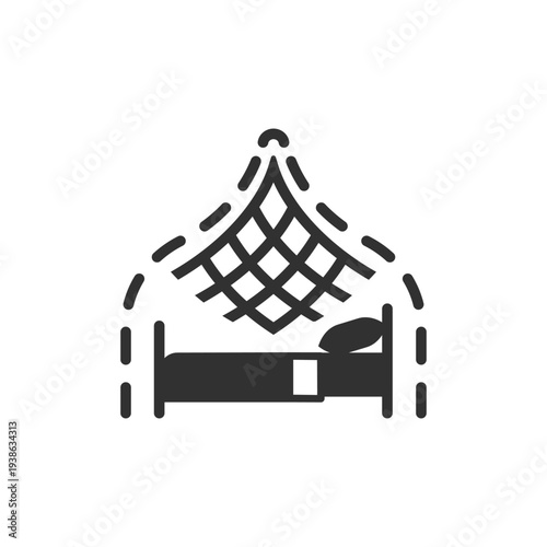 Bed with mosquito net canopy icon. Sleeping protection from insects. Monochrome black and white symbol