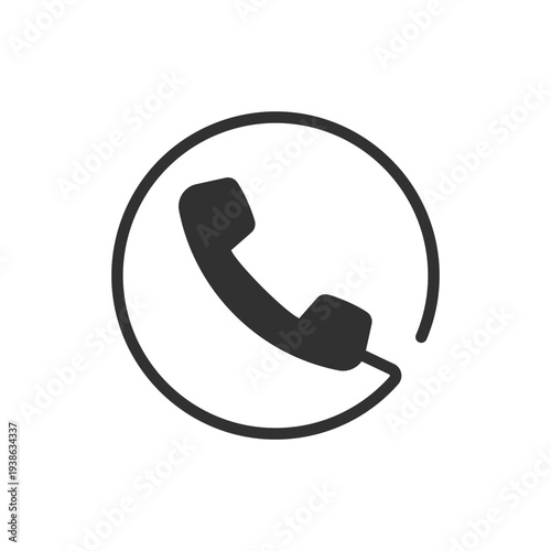Phone handset inside circle icon. Telephone call communication. Monochrome black and white symbol
