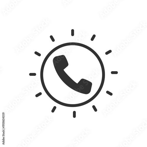 Phone handset with radiating lines icon. Call notification and ringing phone. Monochrome black and white symbol
