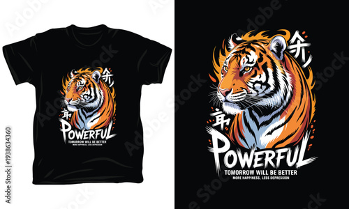 Powerful tiger head t-shirt design with flames and japanese kanji vector illustration