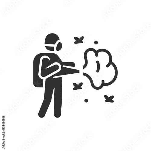 Person spraying insecticide icon. Pest control and insect extermination. Monochrome black and white symbol