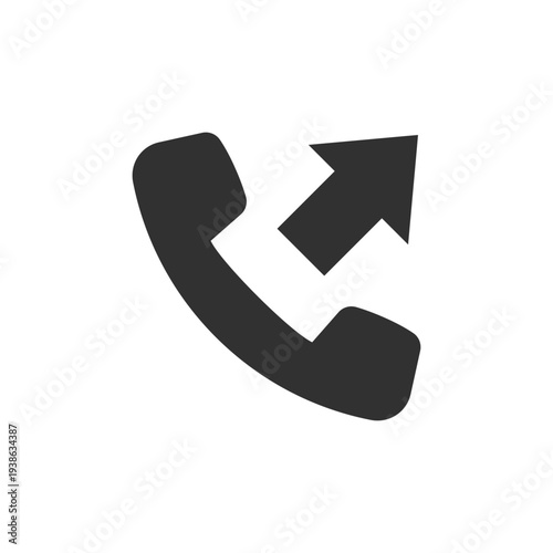 Phone handset with outgoing arrow icon. Outgoing call and phone connection. Monochrome black and white symbol