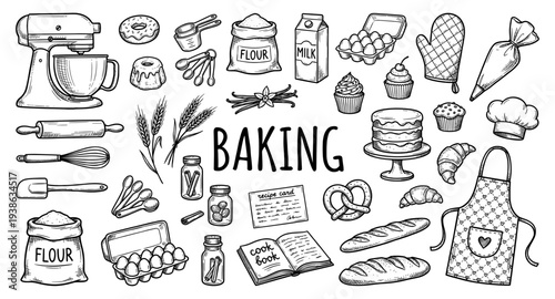 Baking and pastry doodle set in hand drawn sketch style