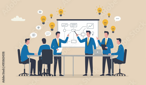 Bright idea to solve problem, business team brainstorm or thinking about new innovative idea, creativity imagination concept, businessman and thinking together.