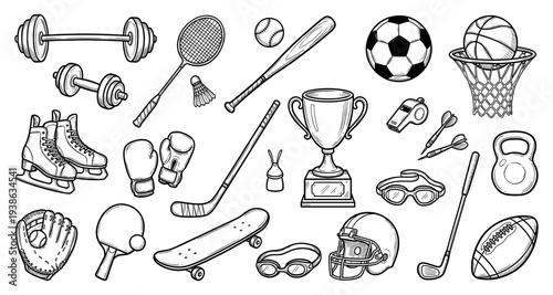 Sports equipment doodle set in hand drawn sketch style