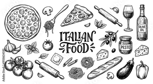 Italian food pizza and pasta set in vintage engraving style