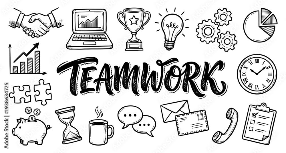 Fototapeta premium Teamwork and business doodle set in hand drawn sketch style