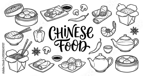 Chinese food menu doodle set with dumpling and noodle