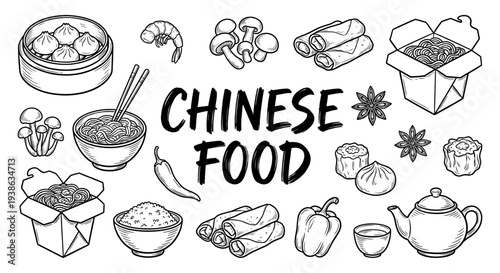 Chinese food and asian cuisine doodle set in hand drawn sketch style
