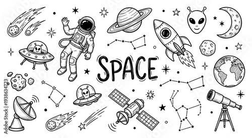 Space and astronomy doodle set in hand drawn sketch style